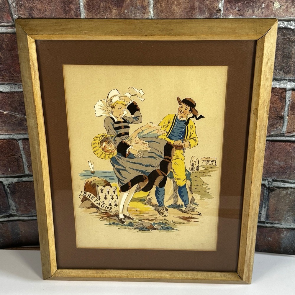 Signed E. Naudy Framed Lithograph Print Hand-Colored Breton France 1920s Vtg